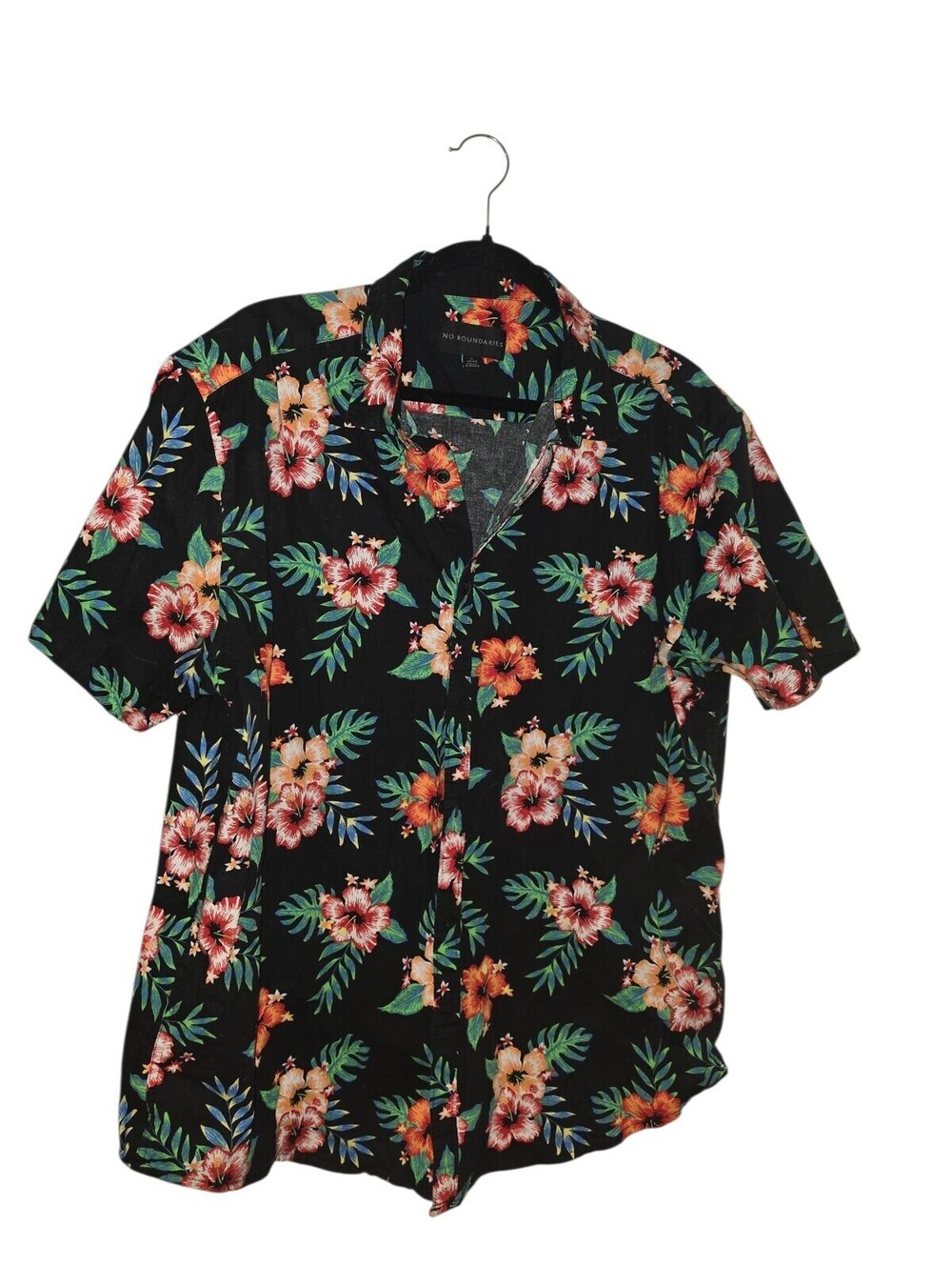 NO BOUNDARIES Shirt Mens XL Black Hawaiian Floral Button Up Cotton Shirt